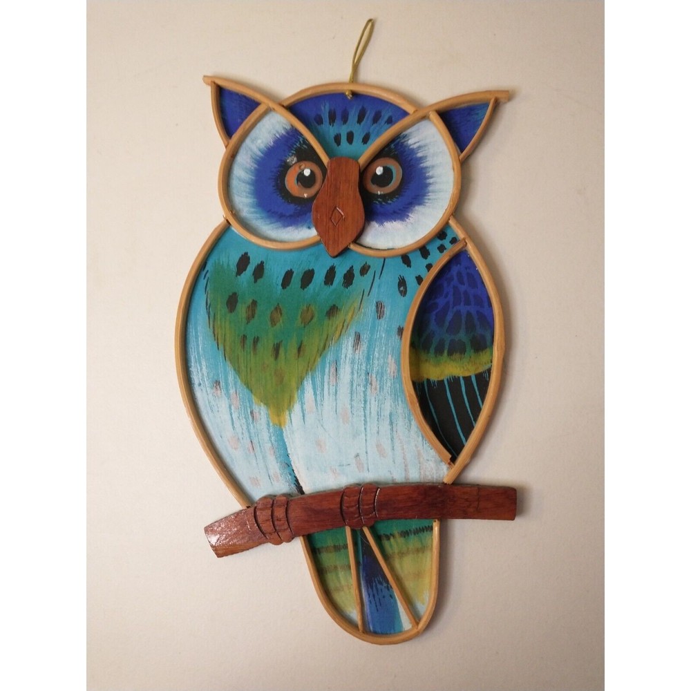 Large Hand Painted Owl Wall Art Fabric Cloth  14" Tall